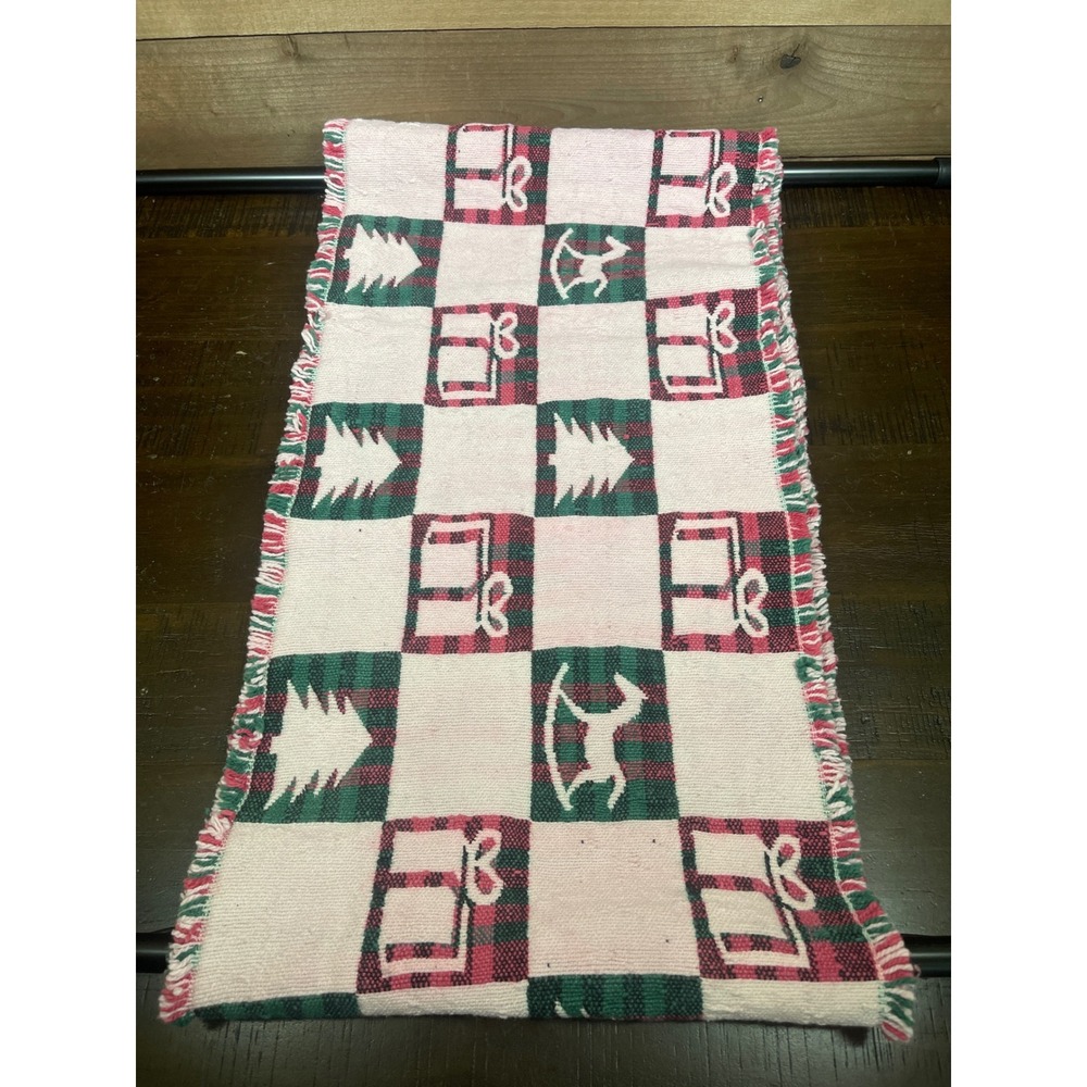 Vintage Christmas Table Runner Plaid Tree Archer Holiday Decor 65" x 12" 2 sided